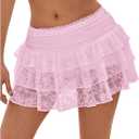 SHENHE Women's Lace Mini Skirts Y2K Low Rise Layered Ruffle Flowy Summer Casual Mini Skirt (Medium, Pink)