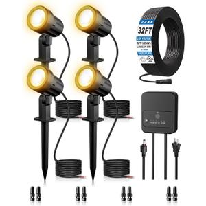 ZZXX All-in-One Low Voltage Landscape Lighting Kit, 4-Pack LED Landscape Lights with Transformer 32FT Wire and Connectors, 2700K Waterproof Landscape Spot Lights for Garden Yard House Tree