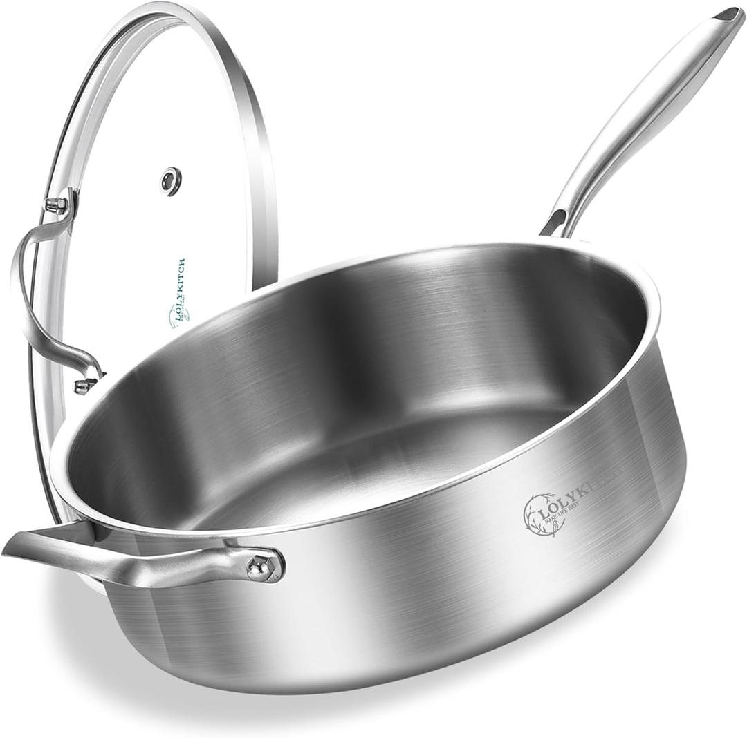 LOLYKITCH 5 QT Tri-Ply Stainless Steel Saut Pan,12 Inch Deep Frying Pan with Lid,Large Skillet,Jumbo Cooker,Induction Cooking Pan,Dishwasher and Oven Safe.