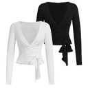 QJQ Women's 2 Pack Pilates Ballet Wrap Tops Long Sleeve Workout Yoga Shirt Going Out Tie Front Top Black and White, Large