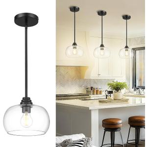 AUTELO Black Pendant Lights Kitchen Island, 1-Light Pendant Lights in Black Finish with Clear Glass, Modern Pendant Light Fixtures, Hanging Lamp for Kitchen Island H9385 BK-R