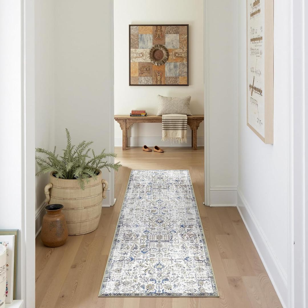jinchan Kalen Runner Rug 2x5 Washable Hallway Rug Vintage Indoor Thin Retro Floor Cover Distressed Floral Country Lightweight Non Slip Carpet for Entryway Bathroom Kitchen Bedroom Living Room Blue