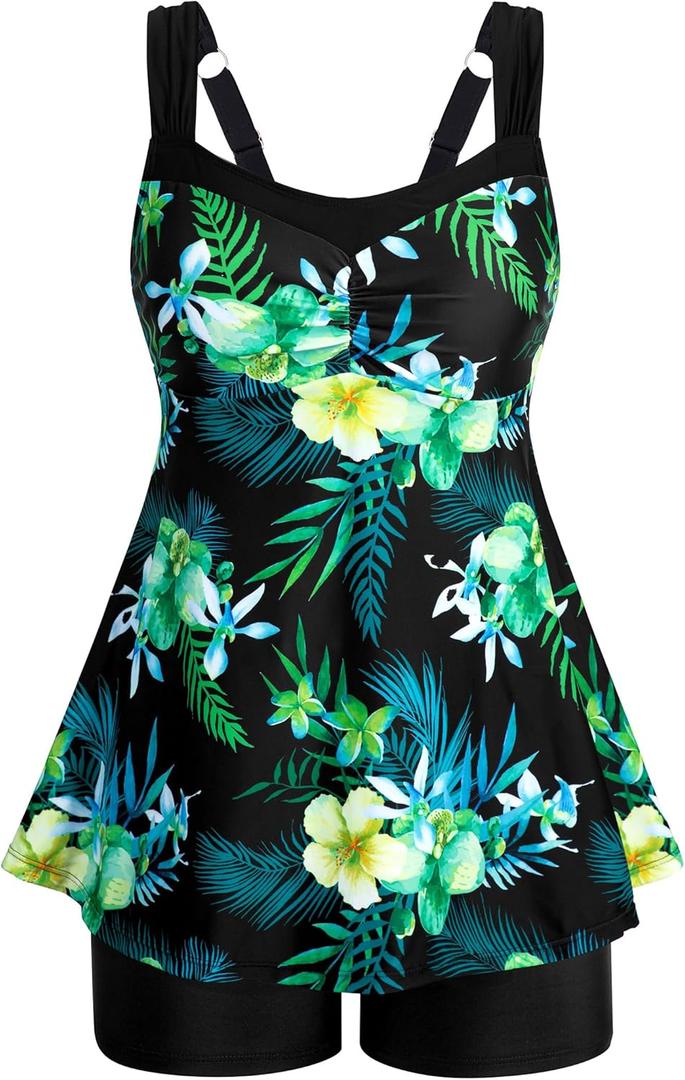HUSKARY Tankini Swimsuits for Women Tummy Control Two Piece Bathing Suit Flowy Swim Tank Top with Boyshorts XL