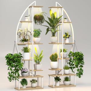 Plant Stand Shelf Indoor with 6 Grow Light, 7 Tiered 65" Tall White Large Half Moon Lighted Plant Rack Holder, 2 Pack Big High Circular Arch Multi Herb Stand with Built in LED Grow Light Set