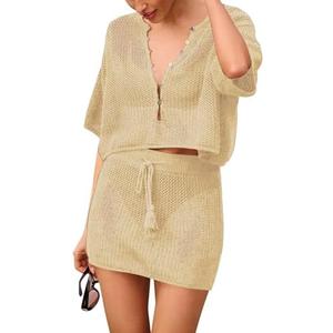 Sovoyontee Women's 2 Piece Swimsuit Coverup Crochet Hollow Out Bathing Suit Swim Beach Cover Up Crop Top Skirt Sets, XL