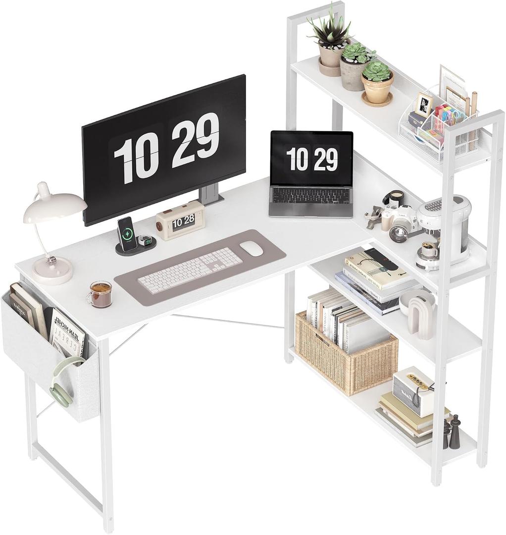 Treesland 47 Inch Computer Desk with Bookshelf, Corner Desk with Storage, L Shaped Desk, Home Office Desks, Writing Study Desk for Bedroom, White