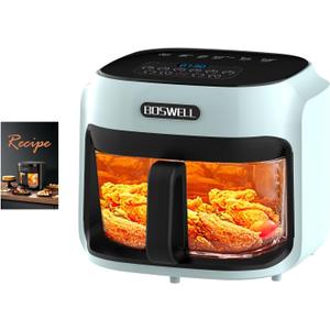 BOSWELL 7.5 QT Large Glass Air Fryer, 6-1 Preset Cook Modes | Transparent Fry Bowl, Green, Circulating Heating & Temperature Control, Steak, Fries, Bake,Chicken, Dishwasher Safe