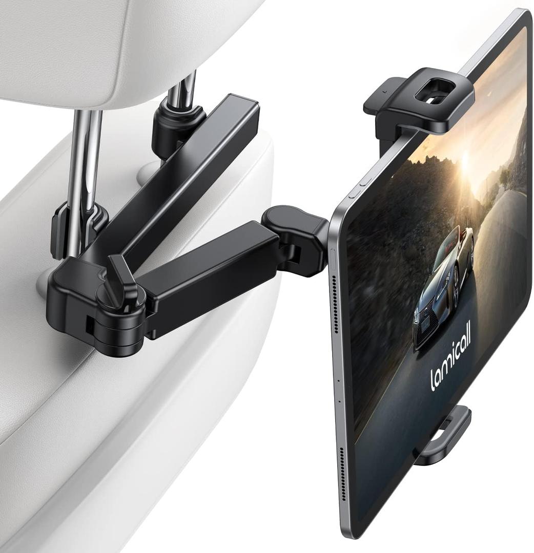 Lamicall Car Headrest Tablet Holder - [3 in 1 Extension Arm] Adjustable Tablet Car Mount for Back Seat, Road Trip Essentials for Kids, for 4.7-11" Device Like iPad Pro, Air, Mini, Galaxy, Fire, Black