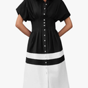 Wenrine Womens Summer Button Down Shirt Dress Casual Color Block V Neck Short Sleeve Corset Maxi Dresses Black. Size S