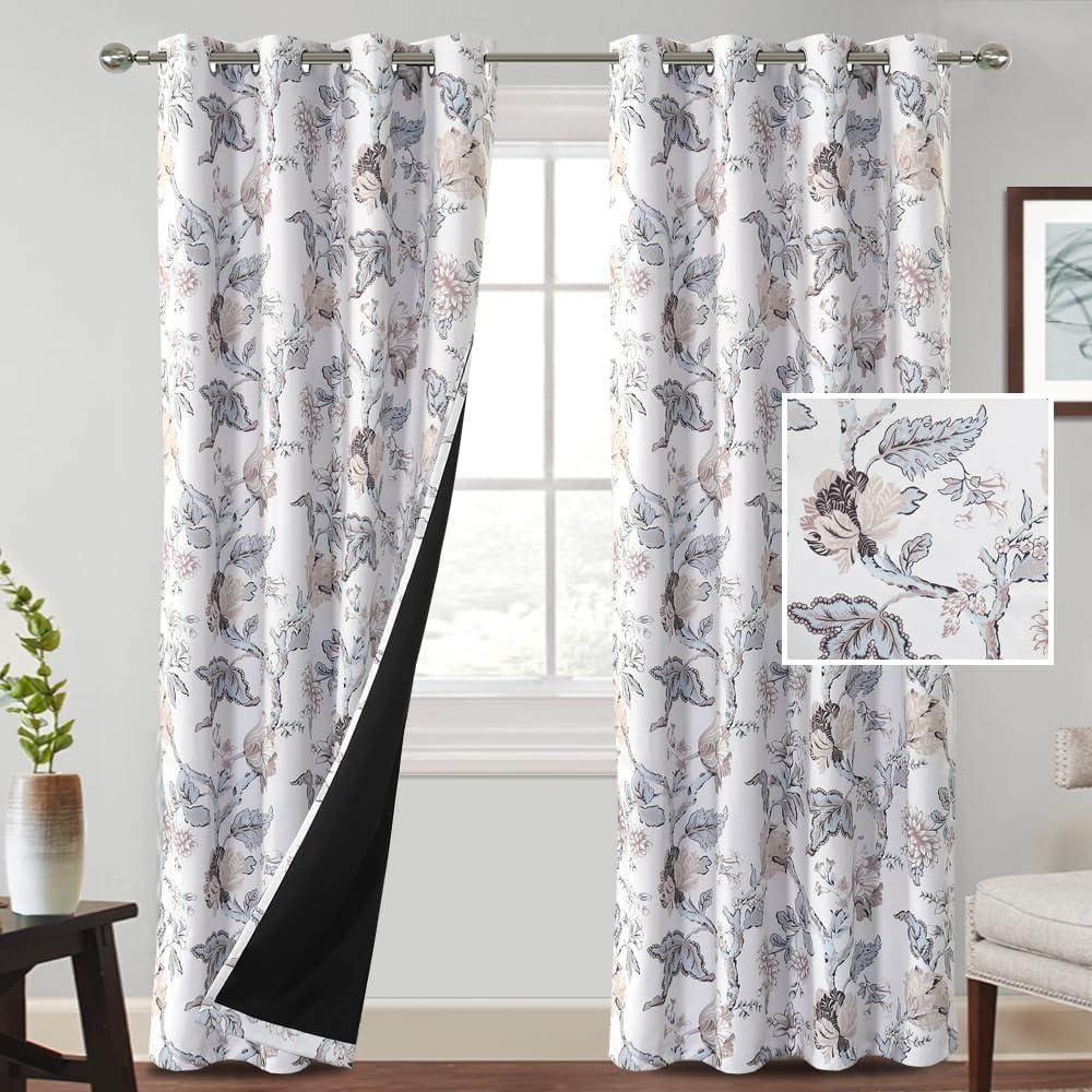 PrinceDeco Floral Curtains 84 Inch Length 2 Panels Set, Farmhouse Curtains for Living Room, 100% Blackout Curtains for Bedroom Thermal Insulated Grommet Top Window Treatment, Cynthia Floral