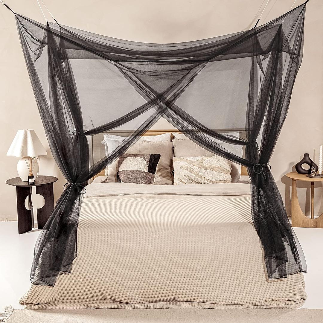 Black Mosquito Net for Single to King-Sized Beds  4 Side Openings & 6 Hanging Loops  Decorative Rectangular Shape for Home & Travel  Bed Canopy Hanging Kit & Carrying Bag Included