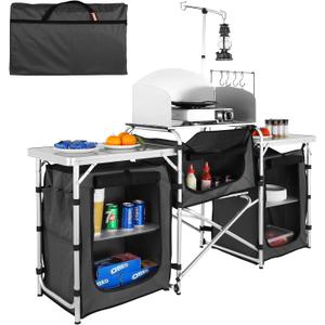 VEVOR Camping Kitchen Table, Folding Outdoor Cooking Table with Storage Carrying Bag, Aluminum Cook Station 3 Cupboard & Detachable Windscreen, Quick Set-up for Picnics, BBQ, RV Traveling, Black