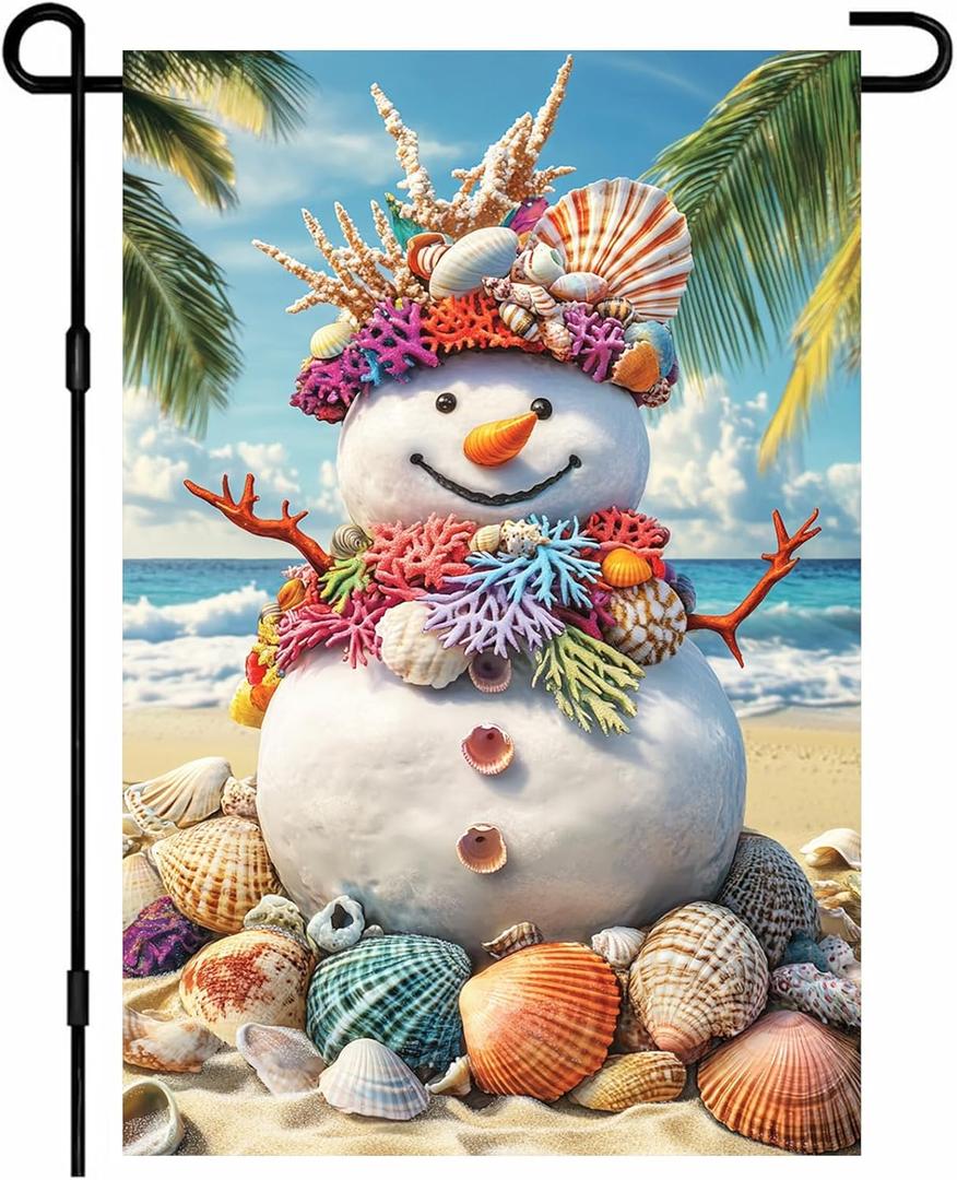INV Christmas Beach Garden Flag 12x18 Inch Double Sided Shell Snowman Yard Banner Porch Outdoor Seasonal House Lawn Tropical Xmas Decoration Holiday Decor for Lawn Porch Seasonal Display