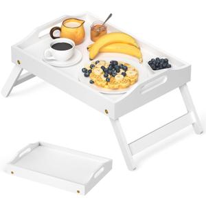Breakfast Bed Tray for Eating - Foldable Food Laptop Table - Portable Bamboo Raised Serving Tray - Snack Platter with Folding Legs, Eating for Bedroom, Picnic, Sofa - White