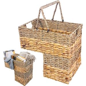 L-Shaped Wicker Stair Basket with Carry Handles, Reinforced Metal Frame