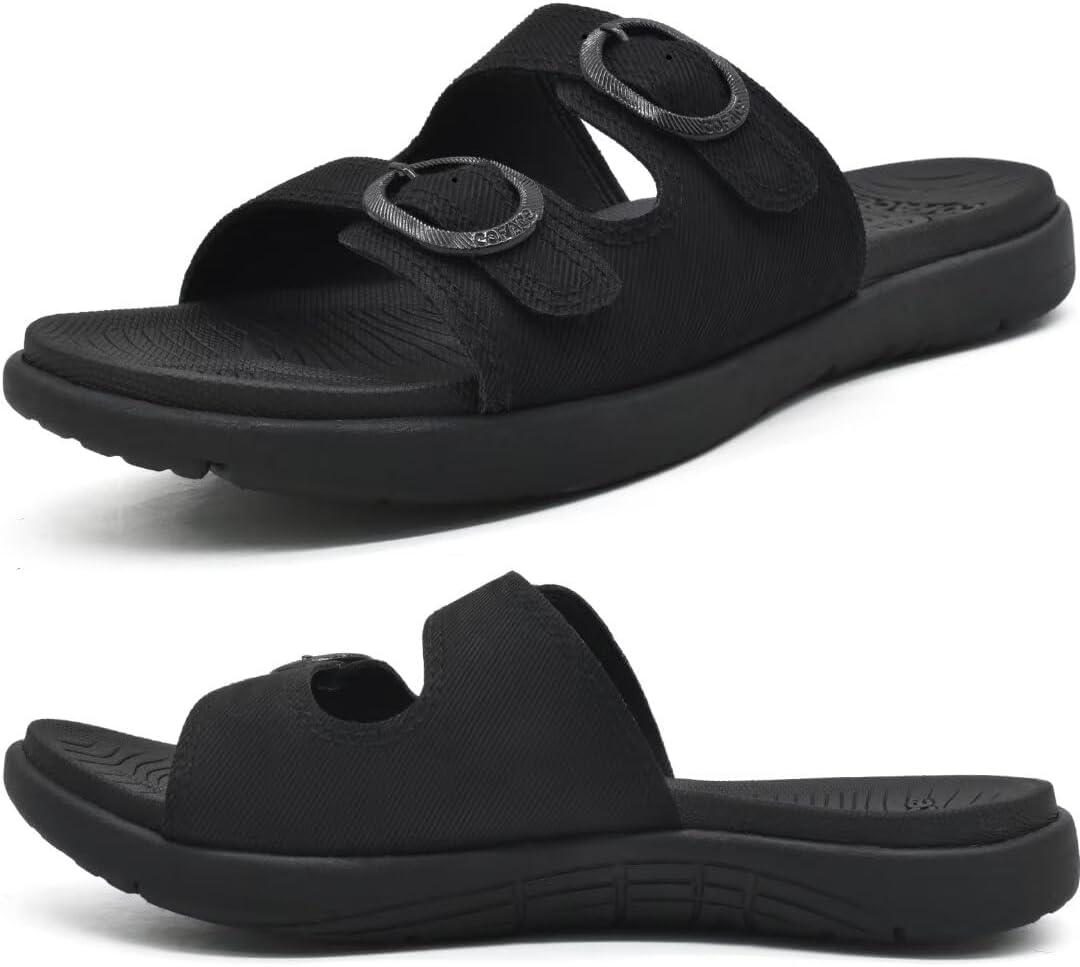 COFACE Womens Orthotic Slides Comfort Plantar Fasciitis Arch Support Slip on Flat Sandals Ladies Soft Cushion Fashion Yoga Mat Slippers With Adjustable Straps (9.5, All-black)