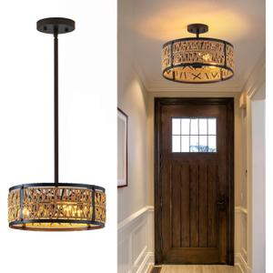 3-Lights Rattan Boho Chandelier for Dining Room Drum Wicker Pendant Light Fixtures Hanging Woven Coastal Ceiling Light for Farmhouse Kitchen Island Living Room Bedroom (Brown+Black)