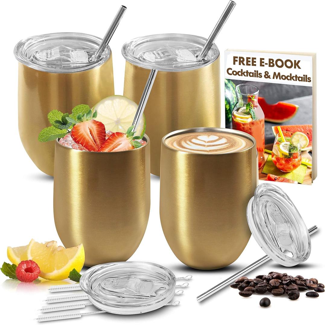 Stainless Steel Wine Tumblers - Gold Wine Glasses Set of 4, Stemless Unbreakable Glass with Lid and Straw 4 pack, Gold Tumblers