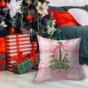 2 x Pink Chinoiserie Christmas Tree Pillow Covers 18x18, Grandmillennial Christmas Decor, Preppy Pink Bow Xmas Tree Plaid Decorative Pillow Covers for Bedroom Living Room Home
