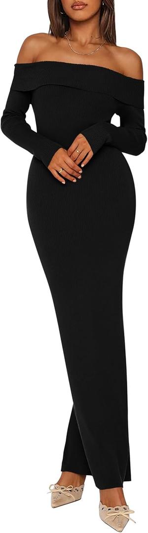 PRETTYGARDEN Womens Fall Sweater Dress 2026 Long Sleeve Off Shoulder Slit Maxi Bodycon Cocktail Party Dresses Spring Fashion (XX-Large, Black)