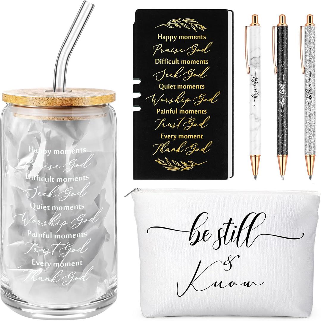 Spakon 6 Pcs Christian Graduation Gifts for Women Bible Verse A6 Leather Journal Notebook 16 oz Glass Cup Glitter Ballpoint Pen Makeup Bag Inspirational Teachers Day Gifts for Church(Black)
