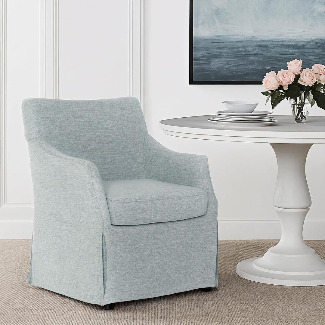 Martha Stewart London Upholstered Skirted Dining Arm Chair with Casters Curved Back, Removable Seat Cushion, for Dining Room, Home Office, or Living Space, Light Blue, 26"D x 25"W x 34"H