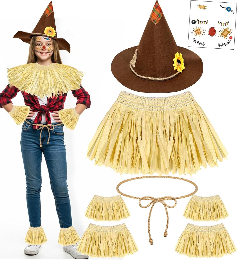 Scarecrow Costume Adult Women, Scarecrow Hat Headband Neck Piece Wrist Leg Ties Face Decals Makeup, Accessories Set for Halloween