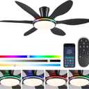 BayDay Ceiling Fans with Lights, Flush Mount Ceiling Fan Led Lights Quiet DC Dimmable 6 Blades (Black Fan, Led Light + Side RGB Light, 51 inch)