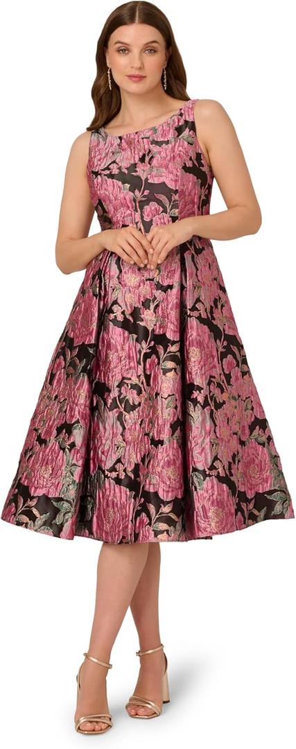 Adrianna Papell Women's Boat Neck Midi Dress (14, Black/Pink Multi)