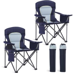 HIGH POINT SPORTS Oversized Camping Folding Chair, Heavy Duty Portable Outdoor Chair, Foldable Camp Chair with Cup Holder and Cooler Bag Support 450 LBS, 2 Pack, Dark Blue