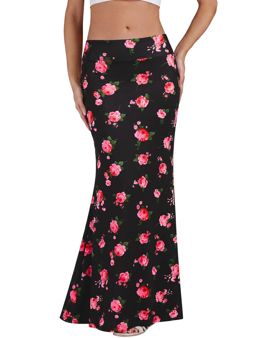 KIFOVEN Women's High Waist Maxi Skirt Stretchy Comfy Flare Long Skirts 2026 Fashion A-Line Flowy Casual Skirt Rose Print (Black, XL)