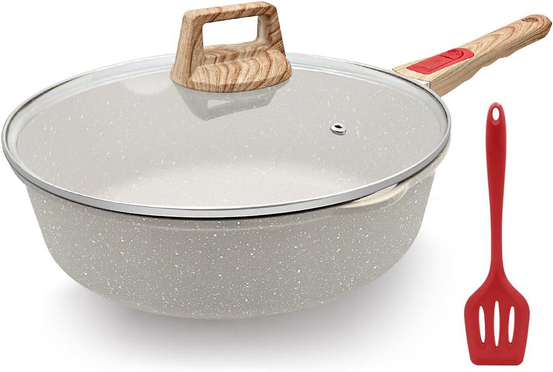 12 Inch Frying Pans Nonstick with Lid, 5 Qt Large Deep Frying Pan Skillet with Cover, Non Stick Cooking Saut Pan Compatible with All Stovetops, Detachable Handle, Oven Safe, PFOA PFOS Free (White)