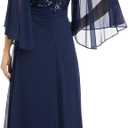 R&M Richards Women's Elegant Sequin Bodice Chiffon Maxi Dress W/Cape Sheer Sleeves | Evening Cocktail Party (Blue, L/12)