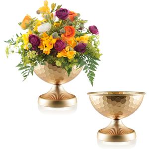 Gold Metal Urn Vases 2 Pcs - 7.5 Inch Vintage Hammered Pedestal Flower pots for Wedding Centerpieces, Elegant Floral Arrangement Vase Decor, Anniversary Party Home Decoration