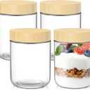 DRKIO 16 Oz Overnight Oats Containers with Bamboo Lids - 4 Pack Glass Storage Jars with Airtight Lids Wide Mouth Mason Food Jars Great for Meal Prep Salad Chia Pudding Snacks Yogurt Sugar Spice Cereal