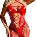 Kaei&Shi Rhinestone Rave Outfits Fit 0-16, Exotic Dancer Fishnet Bodysuit, Sexy Glow Stripper Bodystocking Lingerie For Women (Red)