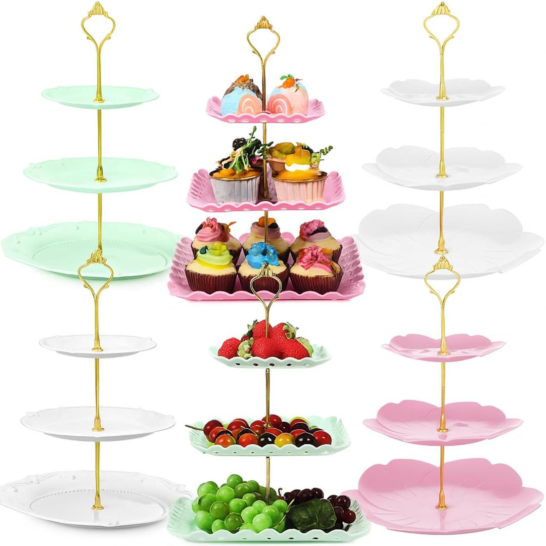 Gandeer 6 Sets Tea Party Decorations of 3 Tier Plastic Cupcake Stand Dessert Plates Cake Fruit Candy Display Tower for Wedding Birthday Baby Shower Tea Party Decorations(Round, Flower, Square)