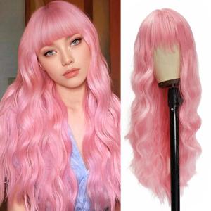 Vomella Long Wavy Pink Wigs for Women 26 Inch Pink Wig With Bangs Natural Looking Synthetic Heat Resistant Wigs for Daily Party Use Halloween Light Pink Wig