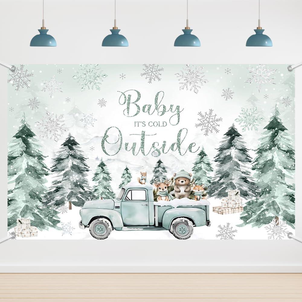 6x3.6ft Baby It's Cold Outside Backdrop Winter Forest Woodland Party Decoration Winter Baby Shower Photo Background Snowflakes Newborn Photo Banner (Green)
