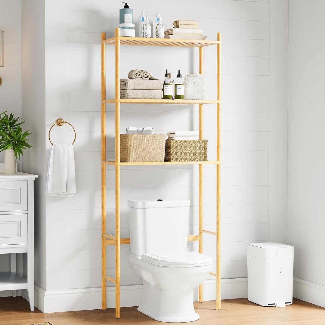3 Tier Over The Toilet Organizer Rack Bamboo, Freestanding Bathroom Toilet Storage Shelf, Space Saving and Easy to Install, Adjustable Feet, Adjustable Bottom Rod