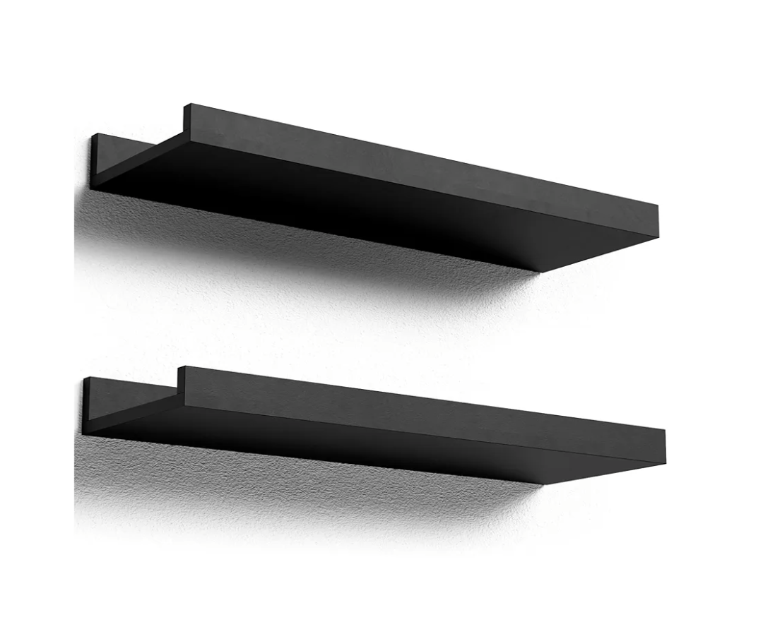 Floating Shelves Wall Mounted Set of 2, Modern Black Wall Shelves for Storage with Lip, Display Picture Ledge Shelf for Wall Decor Bedroom Living Room Bathroom Kitchen 16in