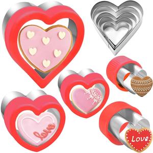 Heart Cookie Cutter Set 10 Pieces, Stainless Steel Heart Shaped Cutters Mold for Sandwich Fondant Pastry Cake Biscuit Fruit Vegetable, Red Color Large Medium Small Mini Sizes
