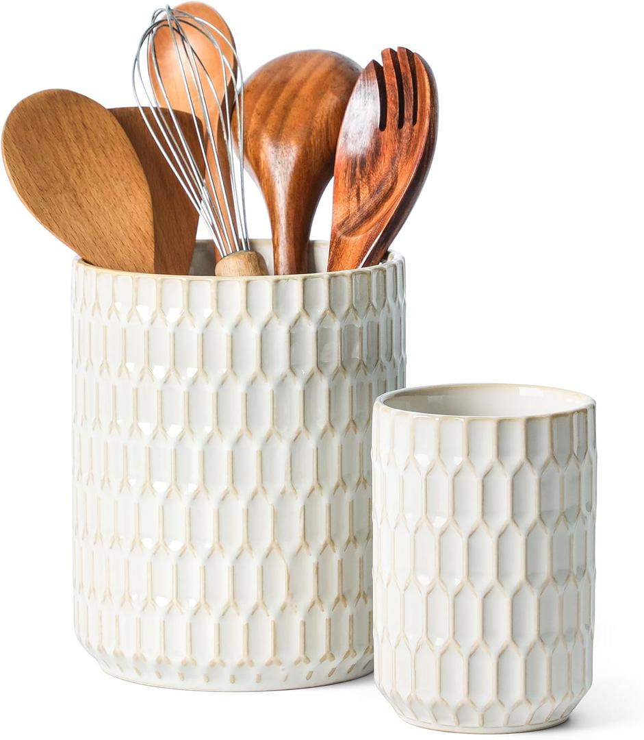 Utensil Holder, 7.5"+5.3" Ceramic Kitchen Utensil Holder for Countertop, Large Cooking Utensil Crock for Kitchen Counter, Set of 2, Beige