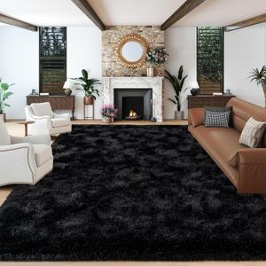 Super Fluffy Black 9x12 Area Rugs for Living Room, Modern Large Shag Rug for Bedroom, Non-Slip Plush Shaggy Thick Black Carpet for Nursery Kids Room Boys Girls Dorm Indoor Home Office Decor