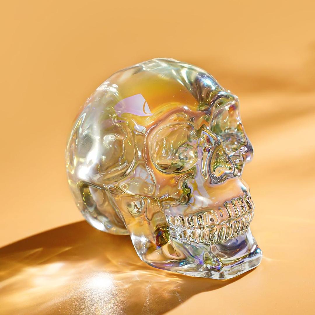 2 x 3in Handmade Crystal Skull Head Statue Colorful Glass Skull Decor Gifts for Halloween, Day of The Dead Decorations