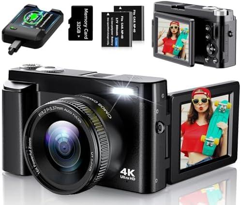 4K Digital Camera for Photography, UHD Autofocus 48MP 180° Flip Screen 16X Zoom Compact Point Shoot Vlogging Camera for YouTube with Only 1  Battery, No 32GB Card (Black)