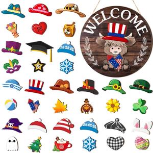 35 Pcs Holiday Interchangeable Highland Cow Welcome Sign Highland Cow Seasonal Wooden Hanging Door Decor Easter Farmhouse Hanging Sign for Front Door Patriotic Party Decoration (Colorful)