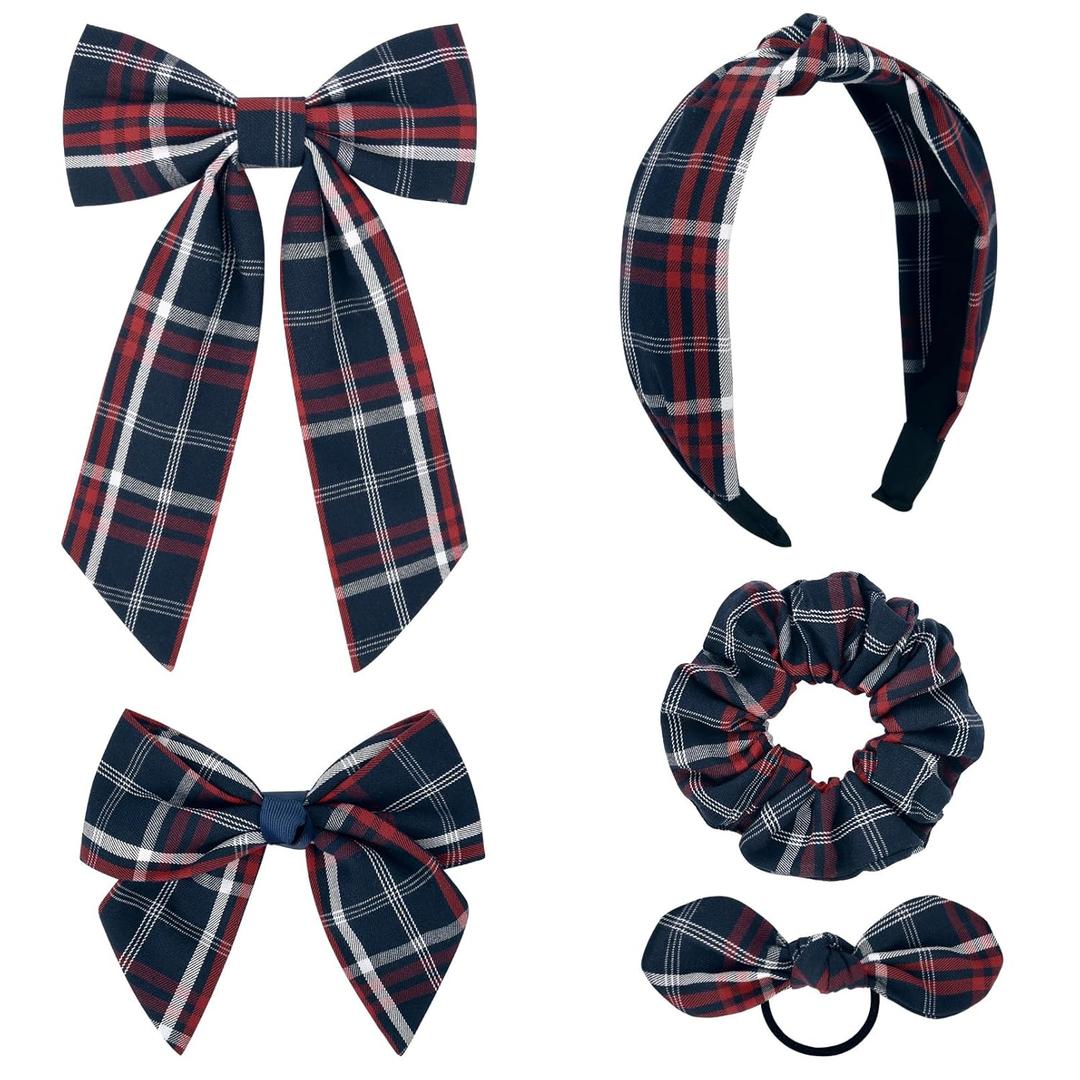 DEEKA 5 Styles Uniform Plaid Long Tail Hair Bows Knotted Headband Scrunchies Bow Set Alligator Clips Back to School Accessories for Toddler Little School Girls (Dark Navy & Red 5 Styles)