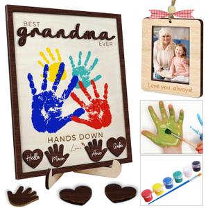 10" Hands Down Best Grandma Ever DIY Handprint Kids Frame with Paints, Car Picture Holder, Photo Ornament, Fridge Magnet, Art Craft Family Keepsake Birthday Father's Day Gift for Nana, Grammy HF620 (10L" x 8W")