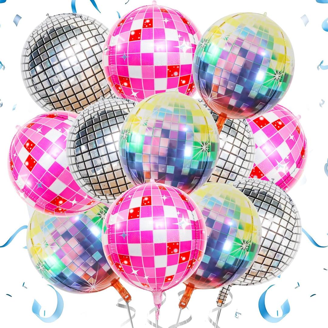 12PCS 22" Disco Balloons 4D Round Pink Silver Balloon for Bachelorette Birthday Parties 70s 80s 90s Theme Disco Ball Party Decorations.(4D)